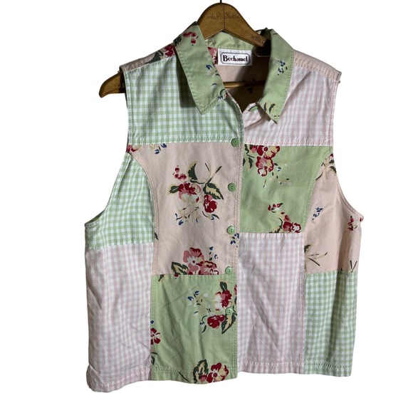 Bechamel Tops - Bechamel Vintage Patchwork Vest Womens Large Pink Green Floral Gingham Cotton